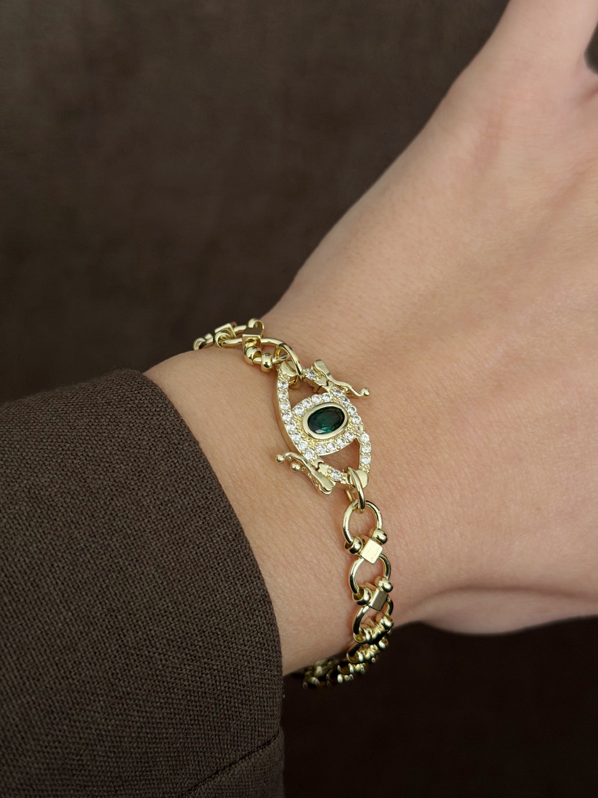 CW1VPBRCLT00126-gold-emerald-green-cz-evil-eye-motif-chunky-link-bracelet-catwalkjewellery wholesale jewelry BRACELETS  Catwalk Jewellery Europe