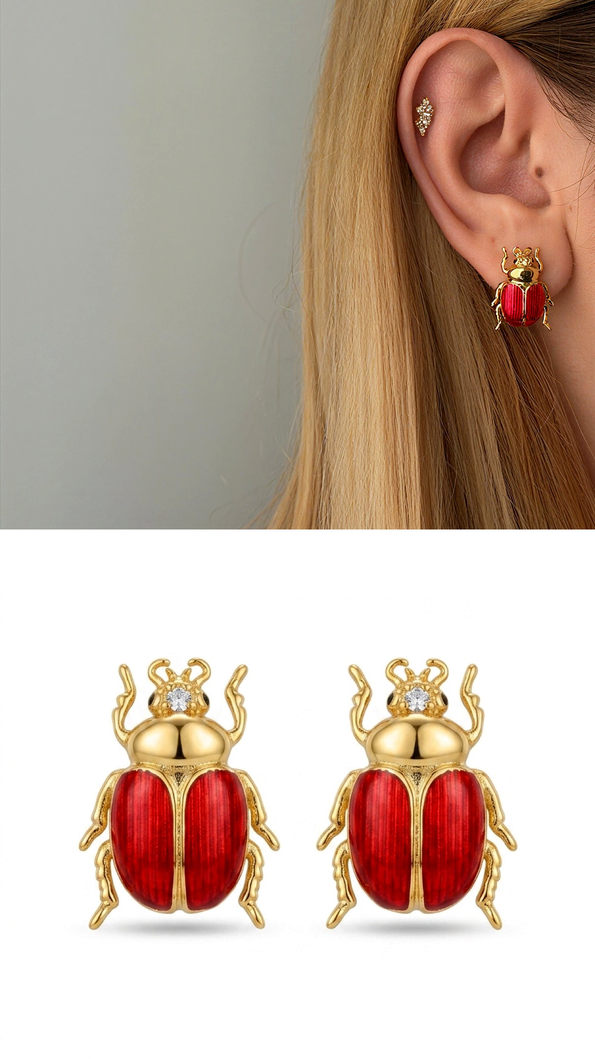 Gold Red Enamel Cz Accent Scarab Beetle Stud Earrings wholesale jewelry VIP 14K EARRINGS  Catwalk Jewellery Europe