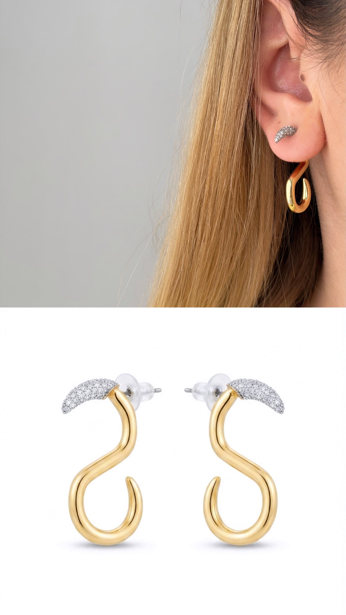 Gold S Shape Swirl Cz Pave Accent Front To Back Earrings wholesale jewelry VIP 14K EARRINGS  Catwalk Jewellery Europe