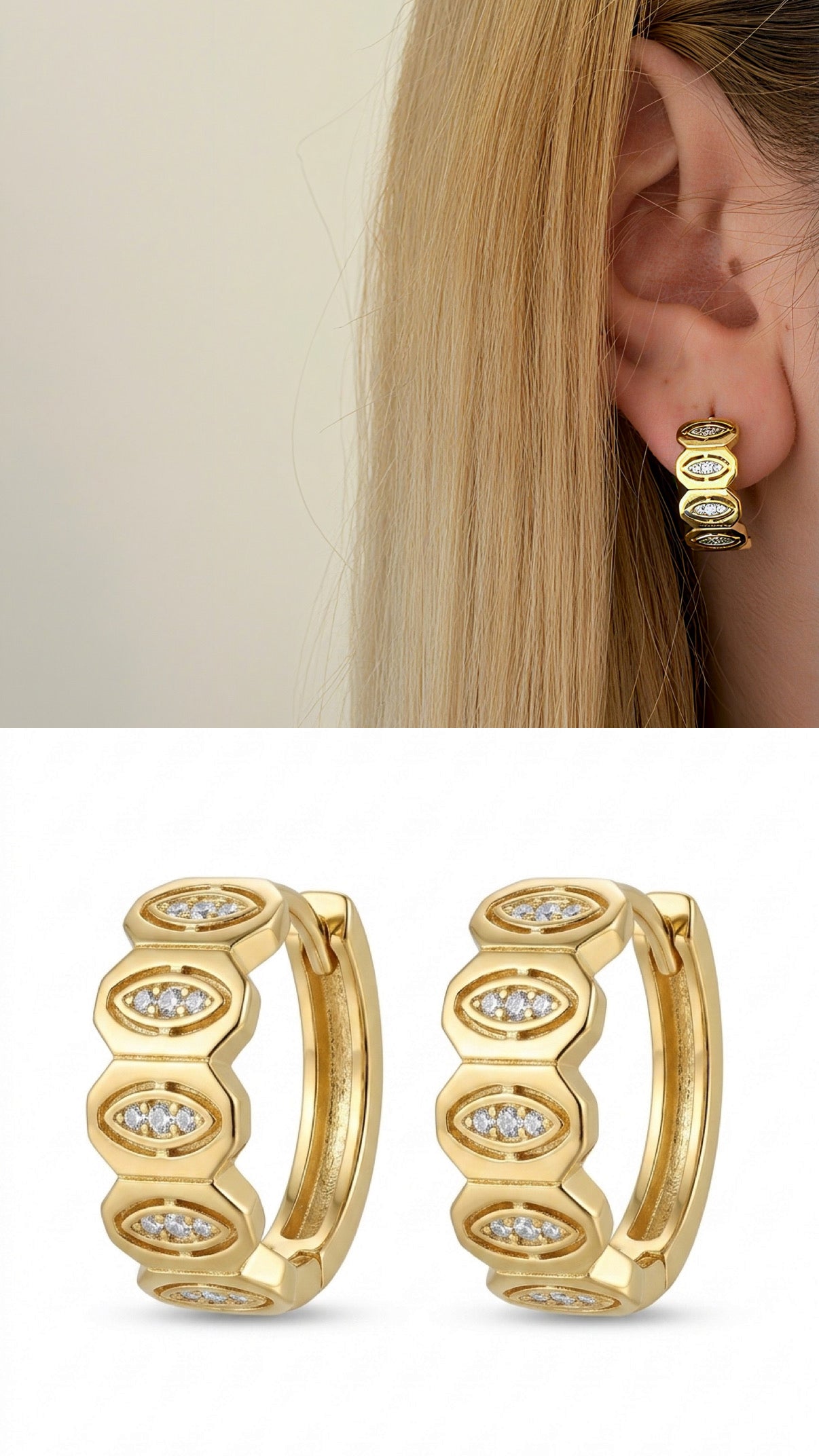 Gold Cz Accent Geometric Hexagon Huggie Hoop Earrings wholesale jewelry VIP 14K EARRINGS  Catwalk Jewellery Europe