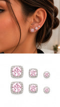 Silver Pink Cushion Cut Cz Halo Graduated Stud Earring Set Of 3 wholesale jewelry VIP 14K EARRINGS  Catwalk Jewellery Europe