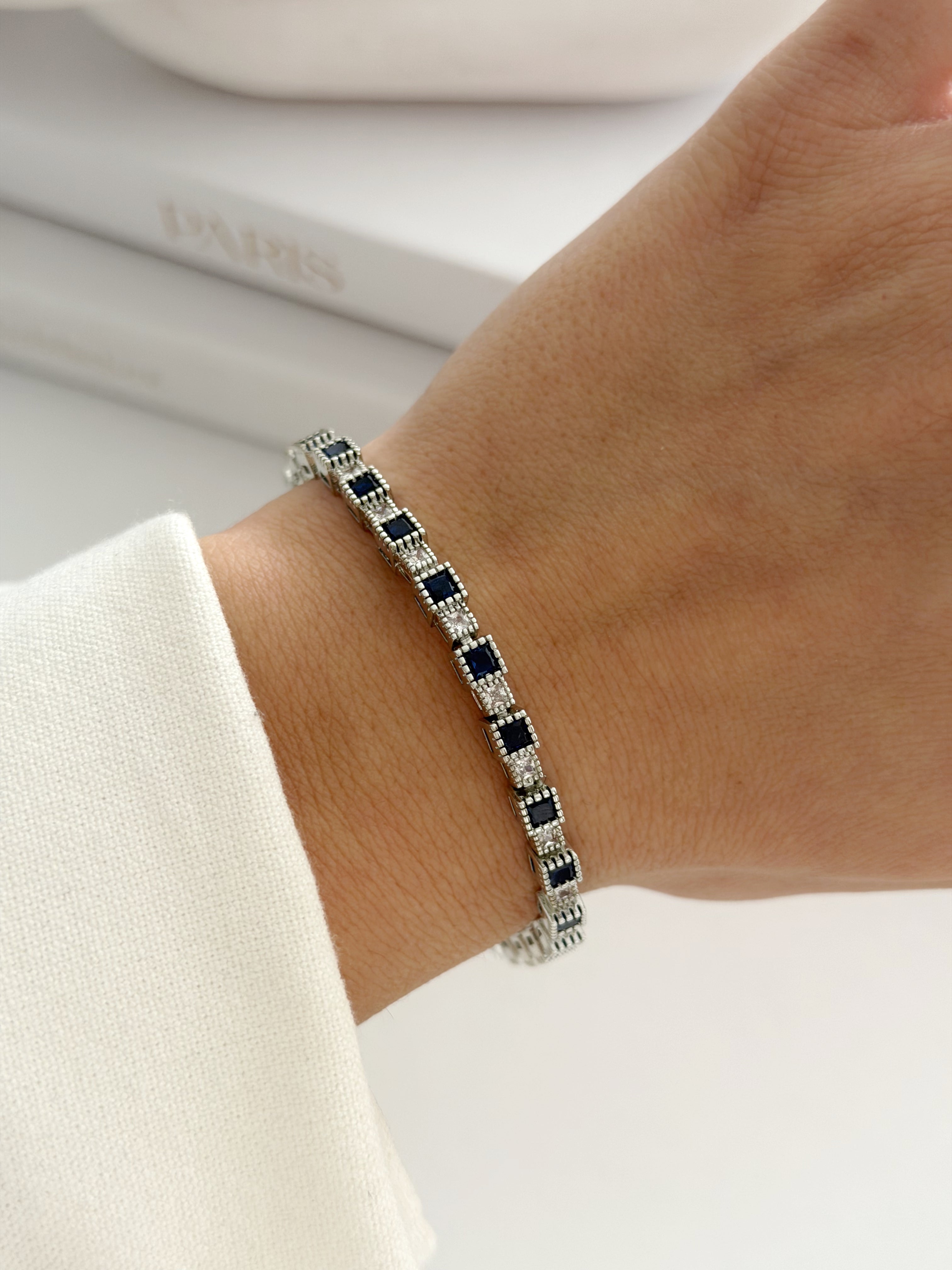 Silver Square Cut Sapphire Blue Cz Halo Tennis Bracelet wholesale jewelry BRACELETS  Catwalk Jewellery Europe