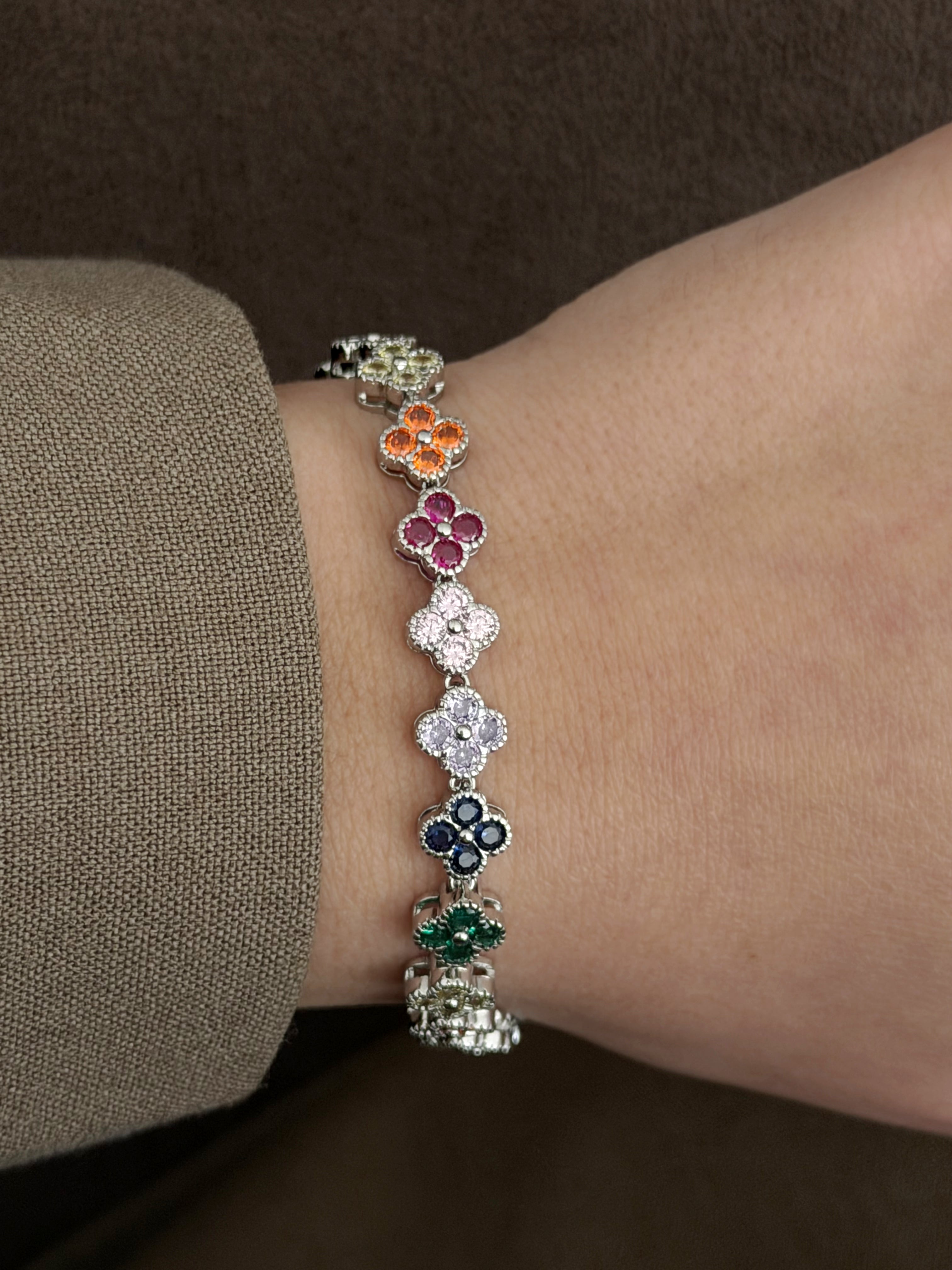 Silver Multi Color Cz Pave Clover Motif Tennis Bracelet wholesale jewelry BRACELETS  Catwalk Jewellery Europe
