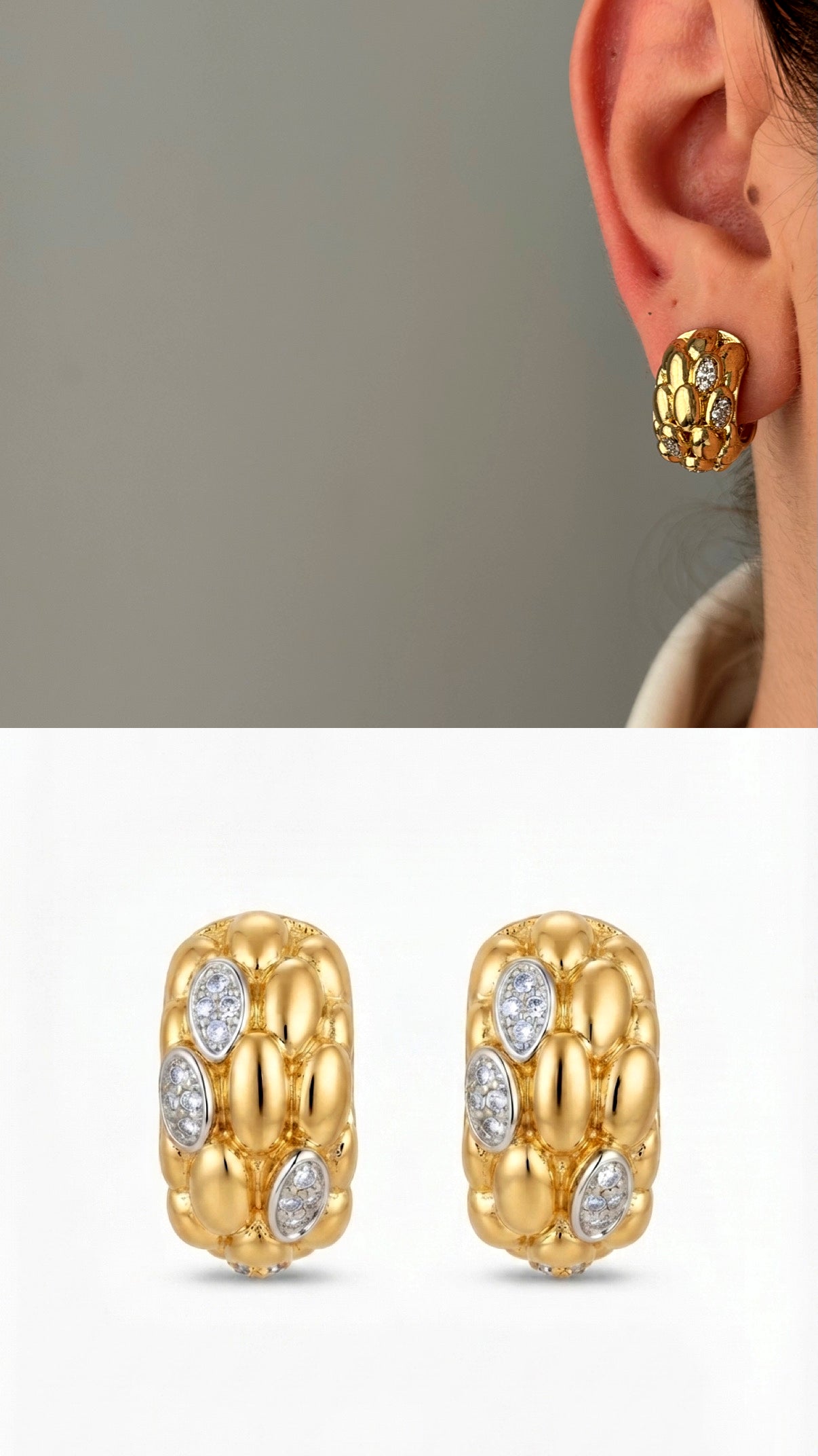 Two Tone Chunky Molten Bubble Texture Oval Cz Accent Power Dressing Statement Earrings wholesale jewelry VIP 14K EARRINGS  Catwalk Jewellery Europe