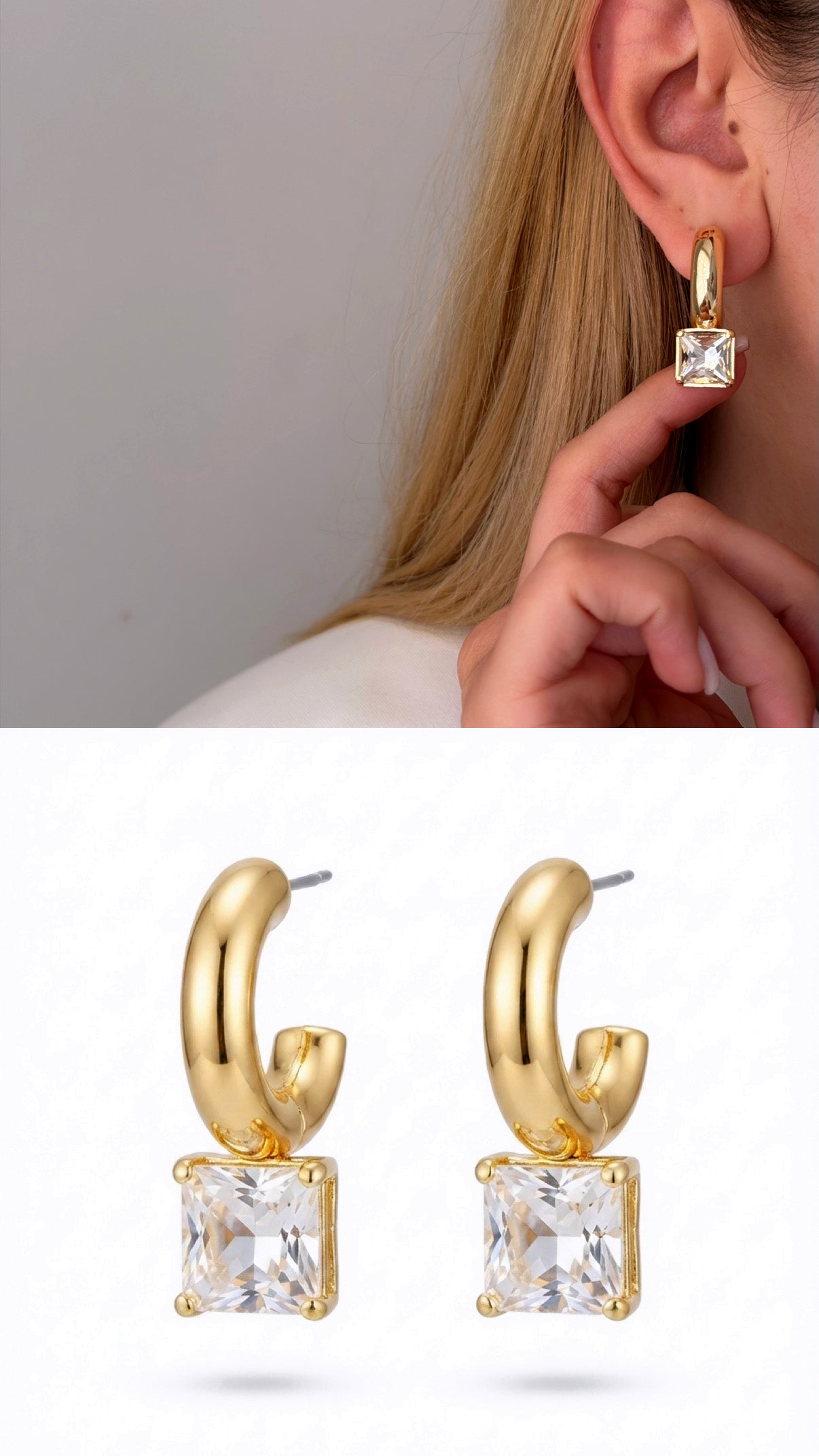 Gold Chunky C Hoop Princess Cut Cz Solitaire Dangle Statement Earrings wholesale jewelry VIP 14K EARRINGS  Catwalk Jewellery Europe