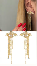 Gold Cz Pave Bumblebee Motif Drape Chain Fringe Dangle Statement Earrings wholesale jewelry VIP 14K EARRINGS  Catwalk Jewellery Europe