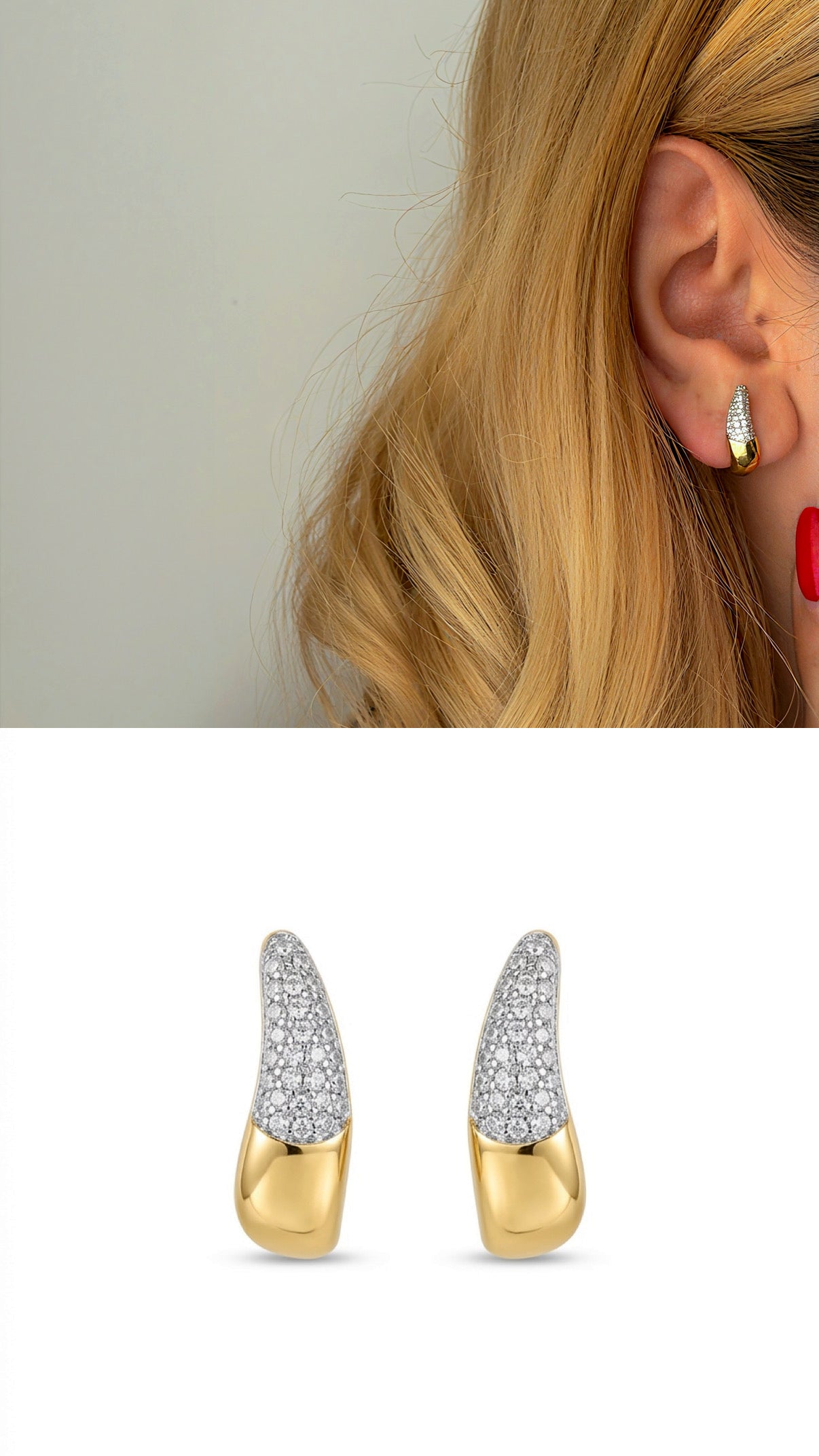 Two Tone Cz Pave Chunky Curved Horn Stud Earrings wholesale jewelry VIP 14K EARRINGS  Catwalk Jewellery Europe