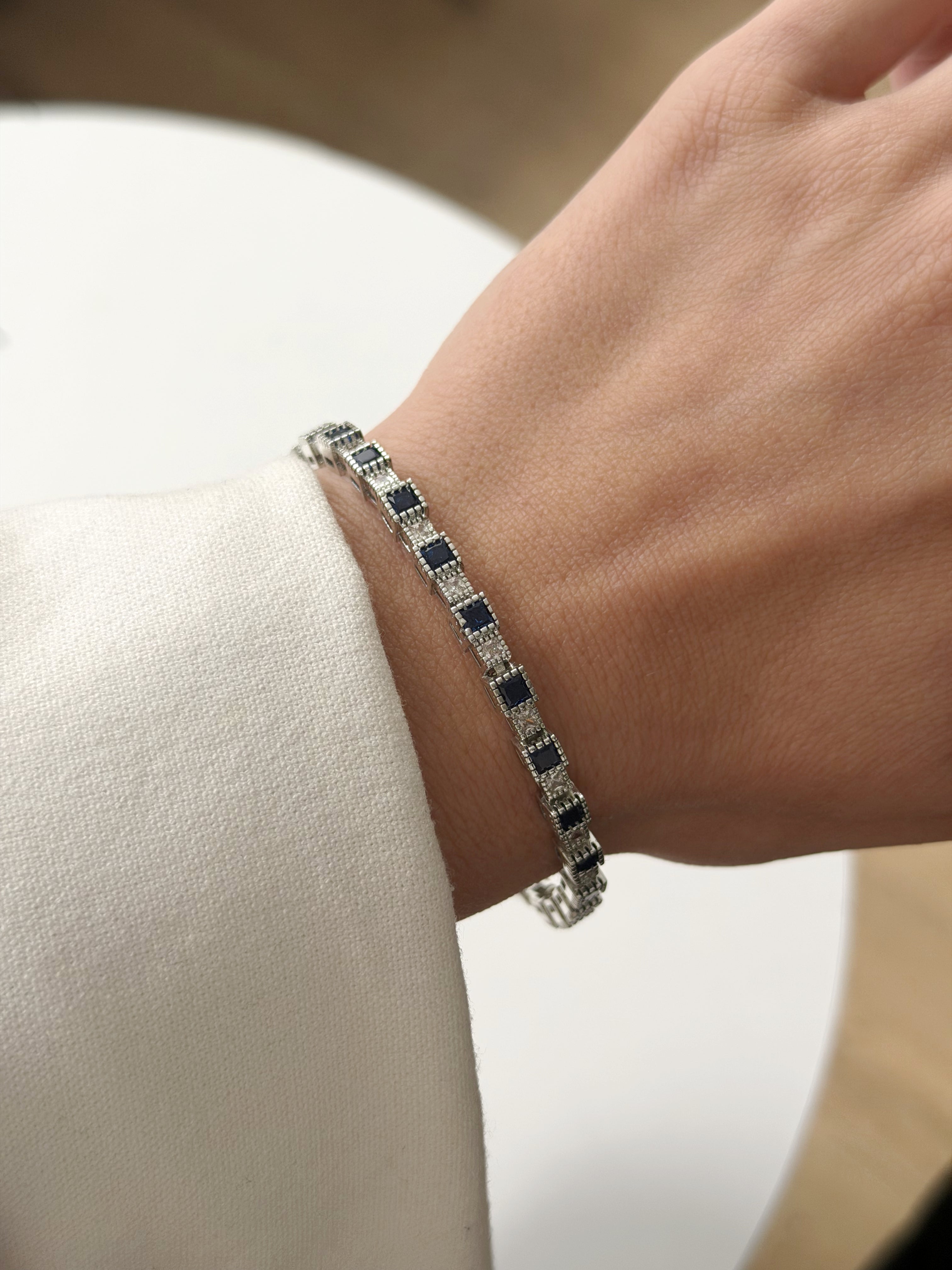 Silver Square Cut Sapphire Blue Cz Halo Tennis Bracelet wholesale jewelry BRACELETS  Catwalk Jewellery Europe