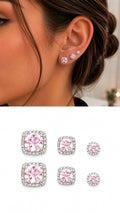 Silver Pink Cushion Cut Cz Halo Graduated Stud Earring Set Of 3 wholesale jewelry VIP 14K EARRINGS  Catwalk Jewellery Europe