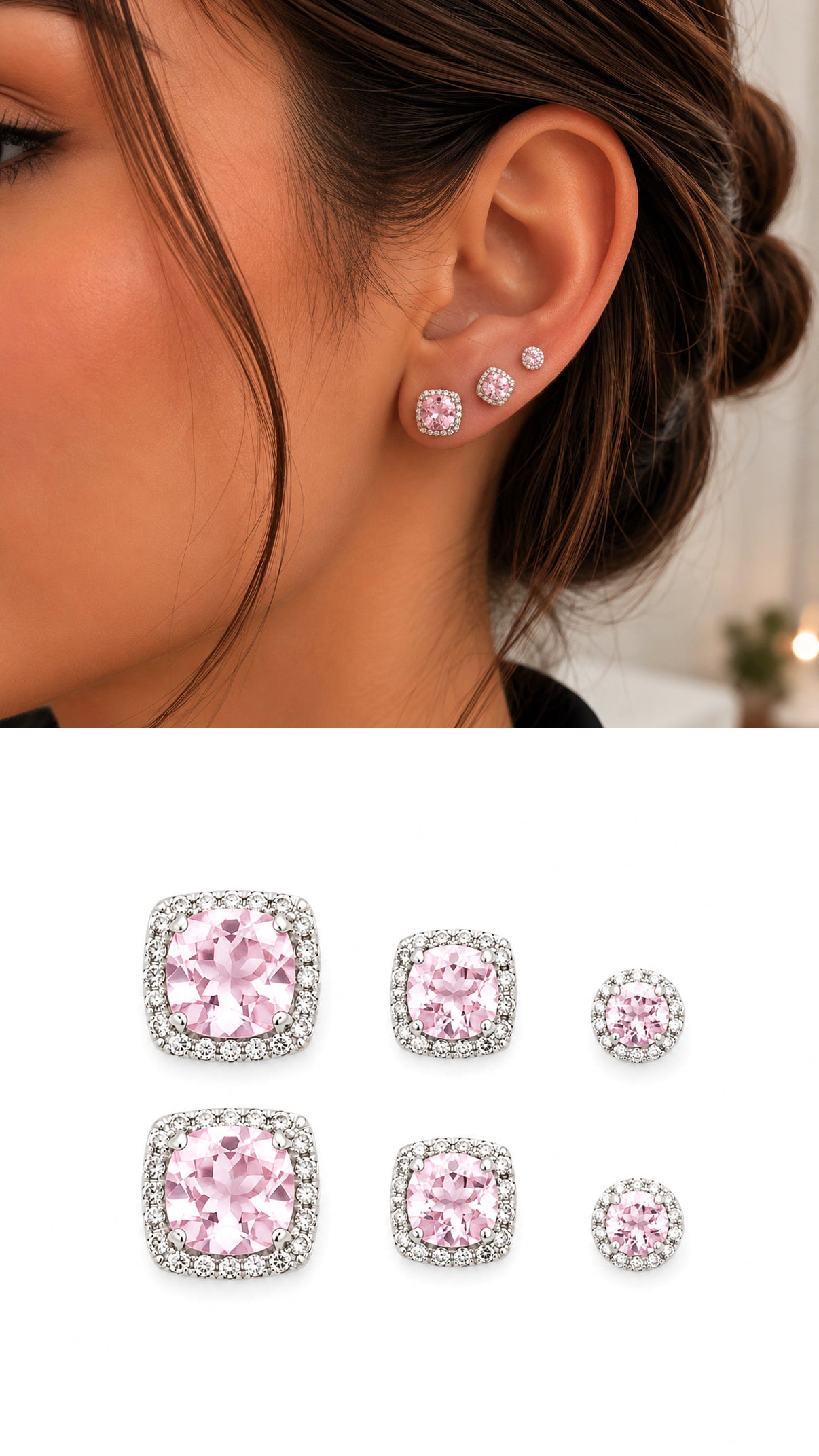 Silver Pink Cushion Cut Cz Halo Graduated Stud Earring Set Of 3 wholesale jewelry VIP 14K EARRINGS  Catwalk Jewellery Europe
