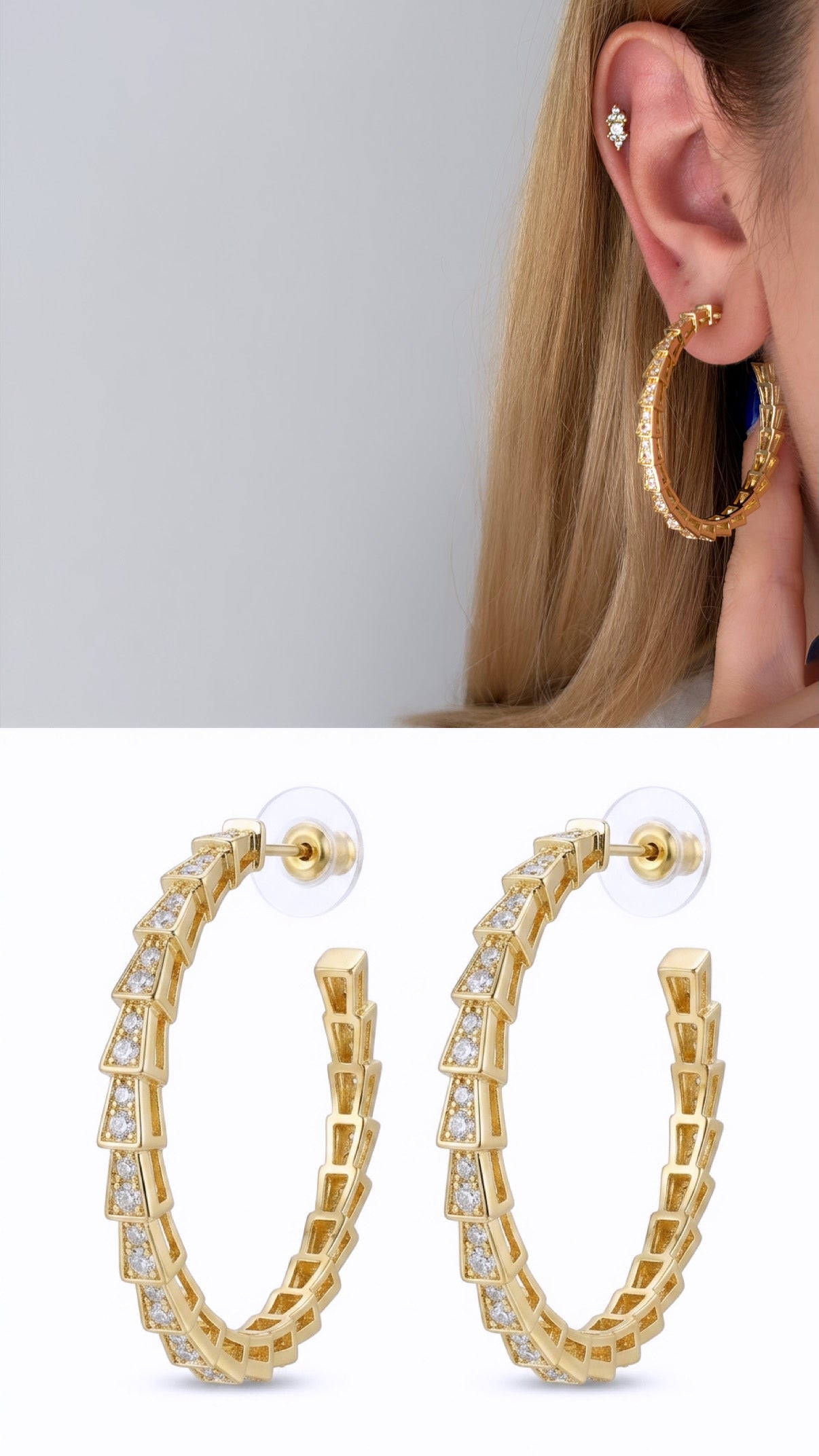 Gold Cz Pave Geometric Pyramid Link C Hoop Statement Earrings wholesale jewelry VIP 14K EARRINGS  Catwalk Jewellery Europe