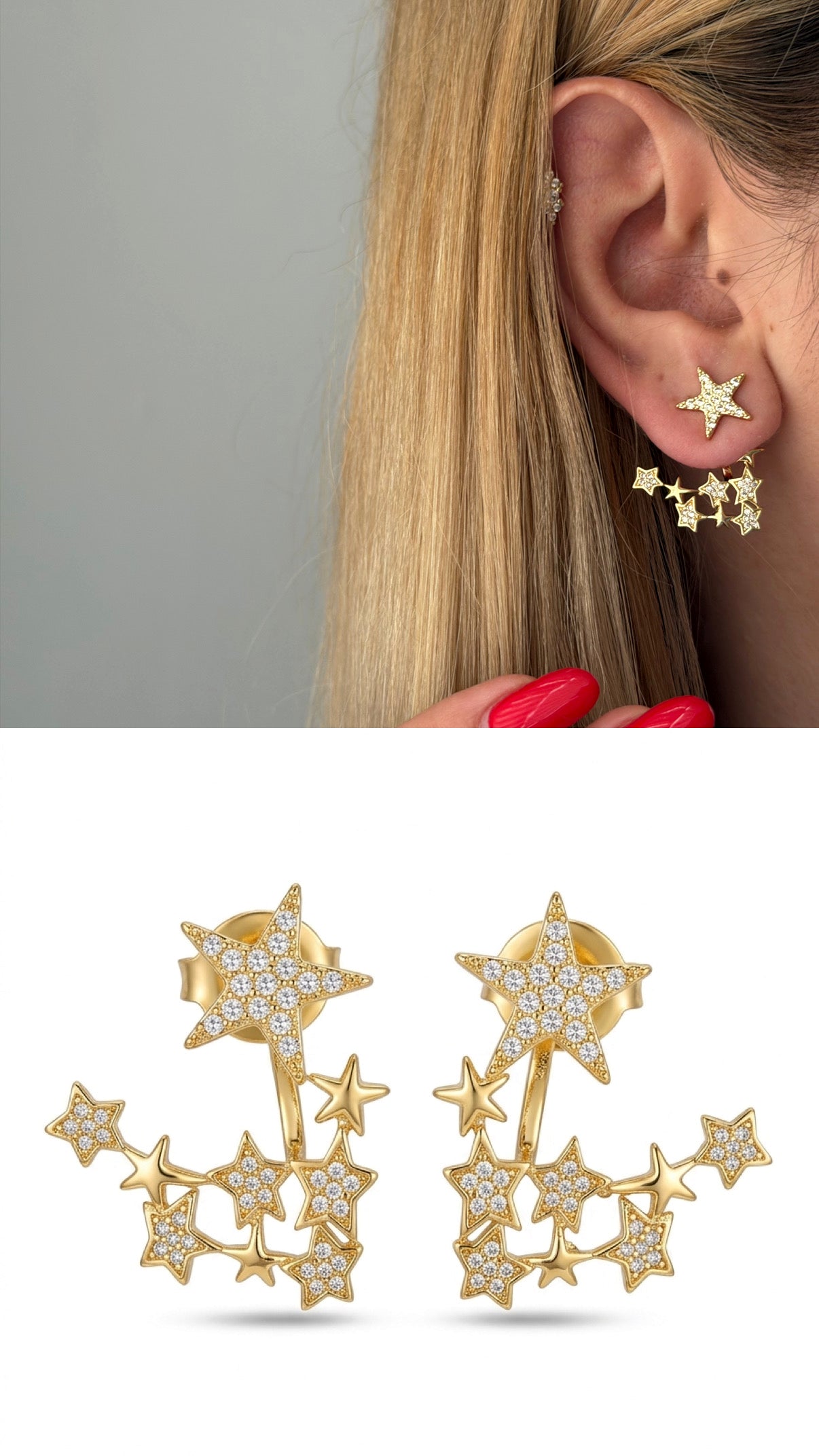 Gold Cz Pave Celestial Star Cluster Ear Jacket Earrings wholesale jewelry VIP 14K EARRINGS  Catwalk Jewellery Europe