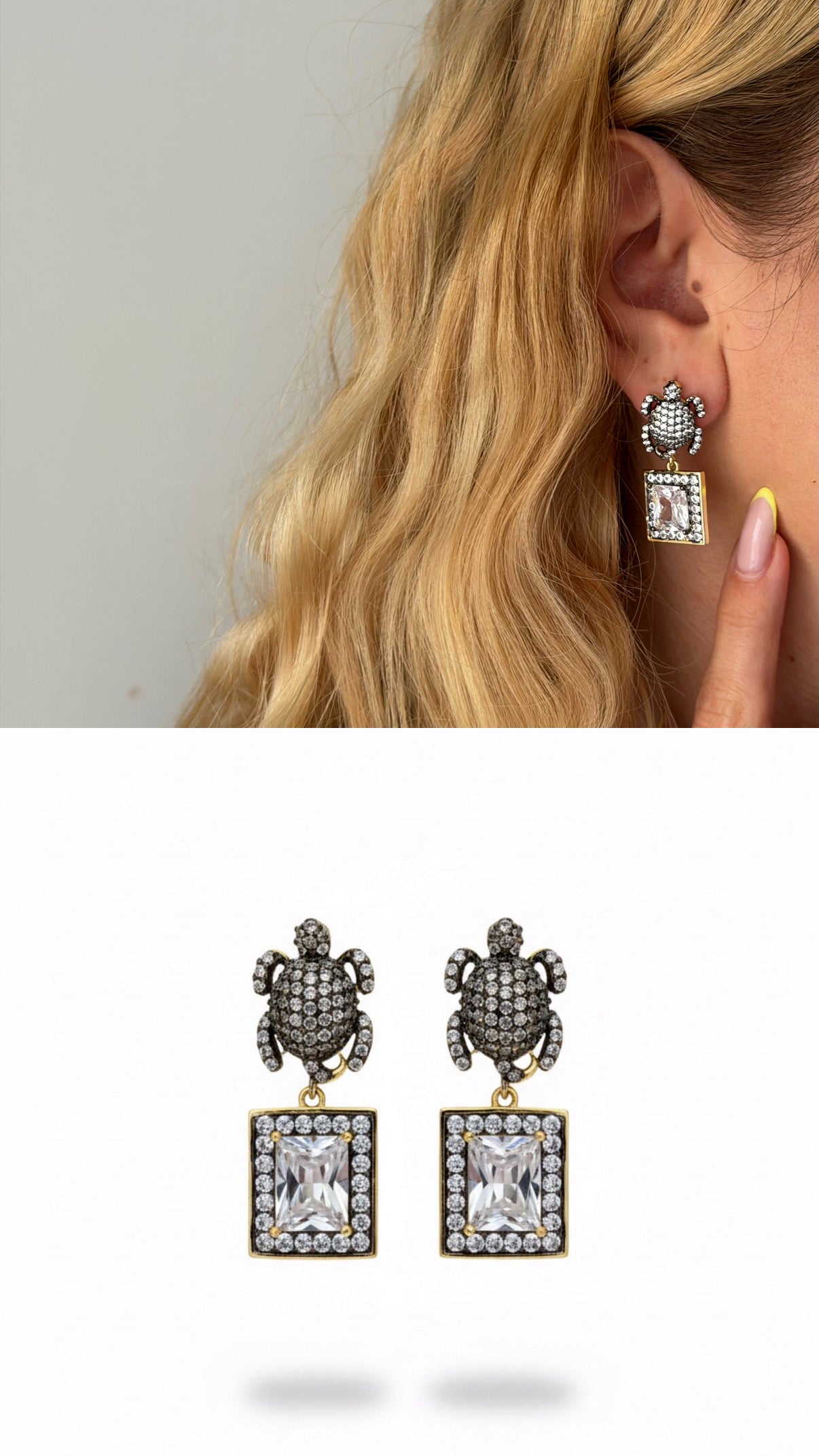 Two Tone Sculptural Turtle Motif Emerald Cut Cz Halo Dangle Statement Earrings wholesale jewelry VIP 14K EARRINGS  Catwalk Jewellery Europe