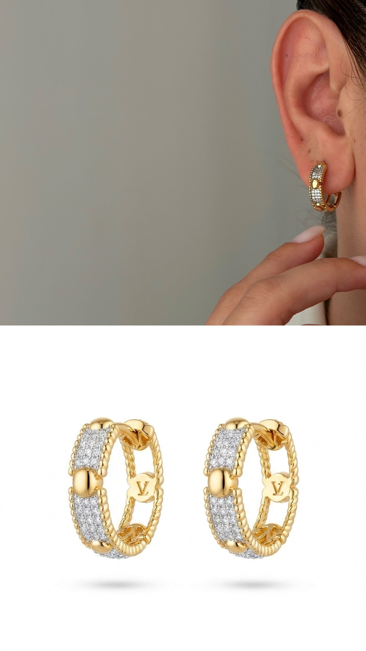 Gold Cz Pave V Logo Huggie Hoop Earrings wholesale jewelry VIP 14K EARRINGS  Catwalk Jewellery Europe