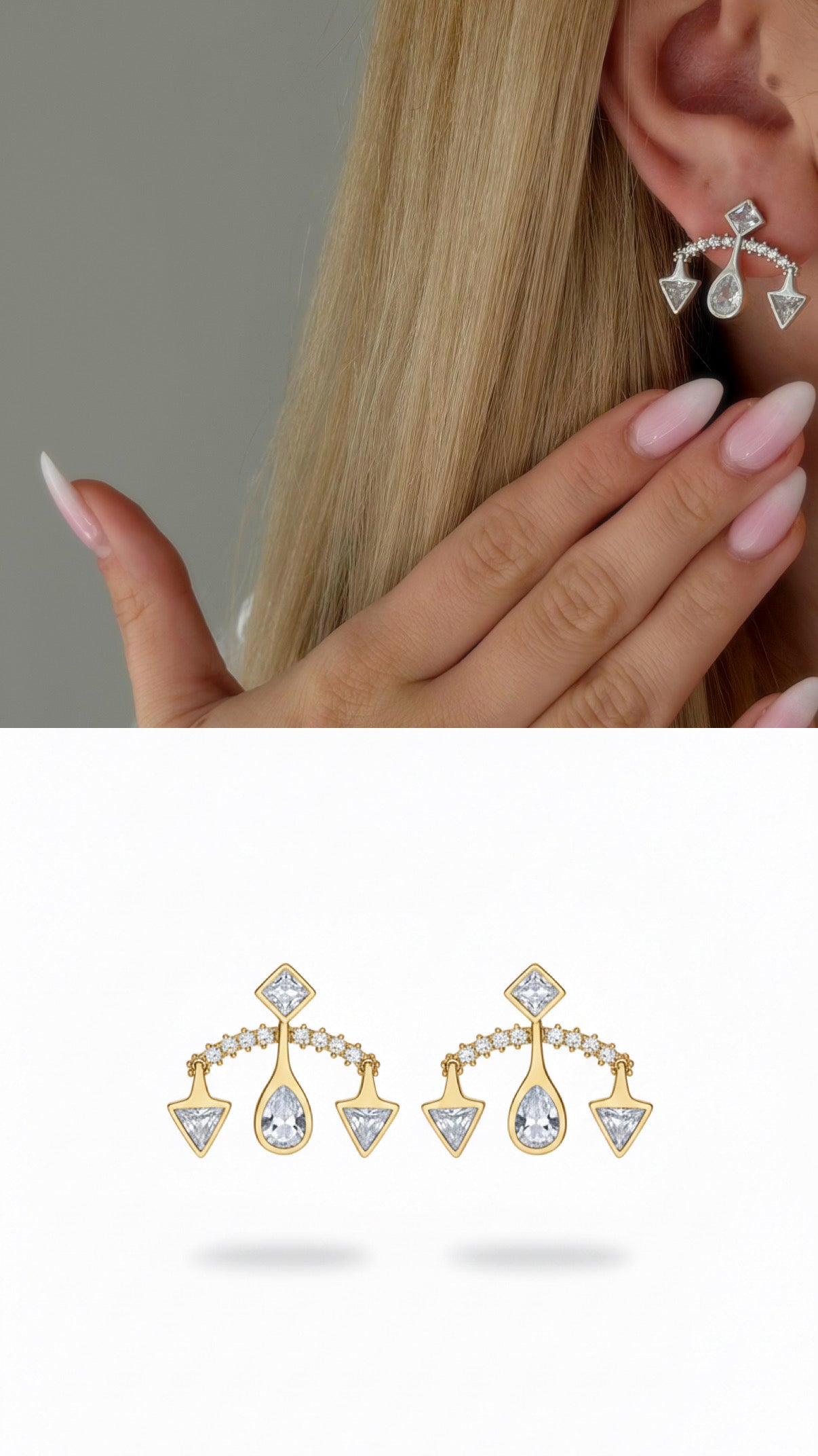 Gold Cz Pave Geometric Triangle Dangle Ear Jacket Earrings wholesale jewelry VIP 14K EARRINGS  Catwalk Jewellery Europe
