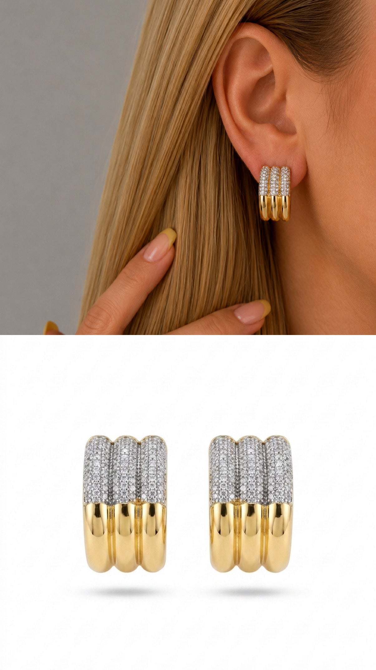 Two Tone Chunky Ribbed Texture Cz Pave Wide Huggie Hoop Statement Earrings wholesale jewelry VIP 14K EARRINGS  Catwalk Jewellery Europe