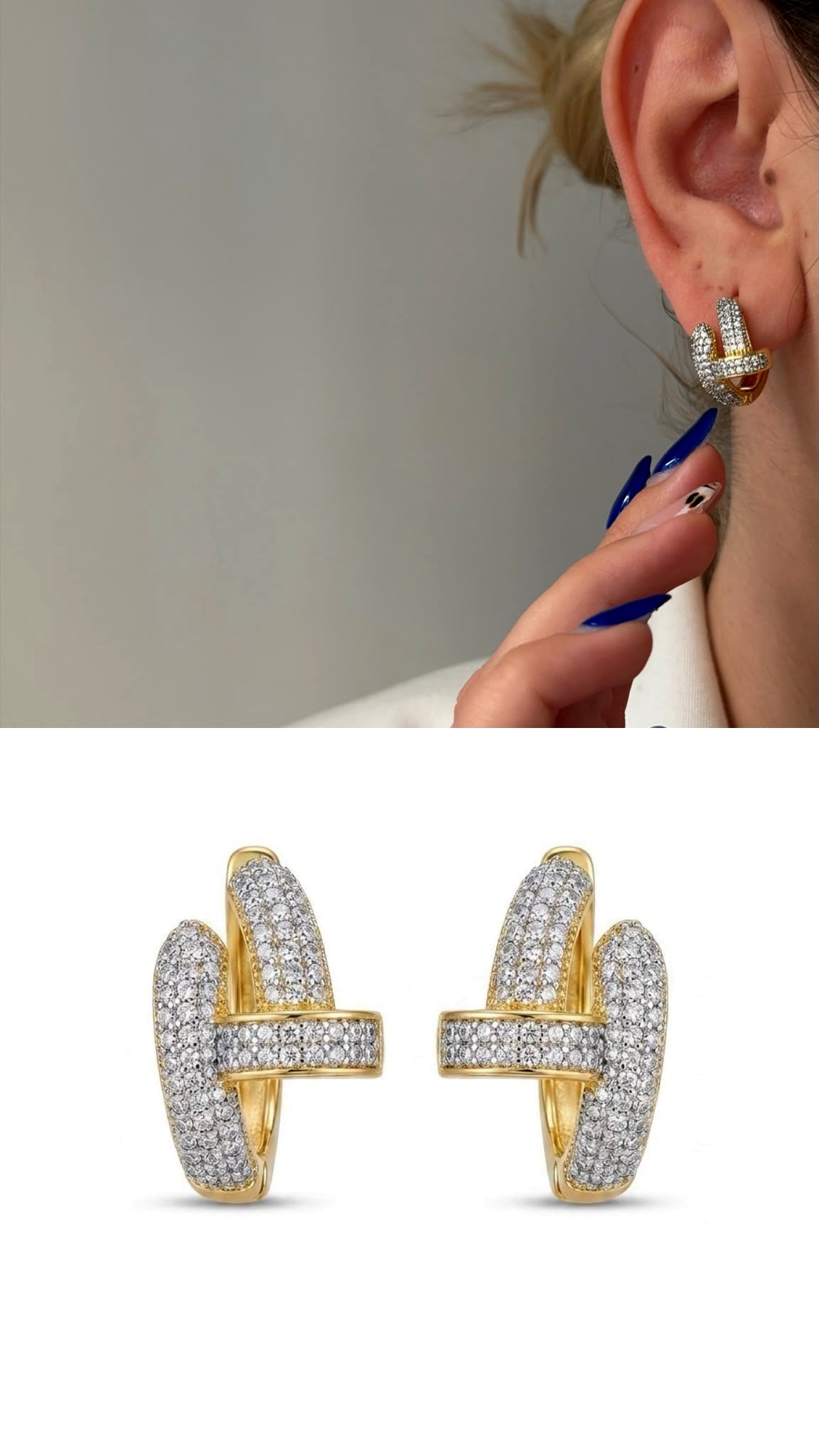 Gold Cz Pave Nail Motif Interlocking Chunky Huggie Hoop Edgy Statement Earrings wholesale jewelry VIP 14K EARRINGS  Catwalk Jewellery Europe