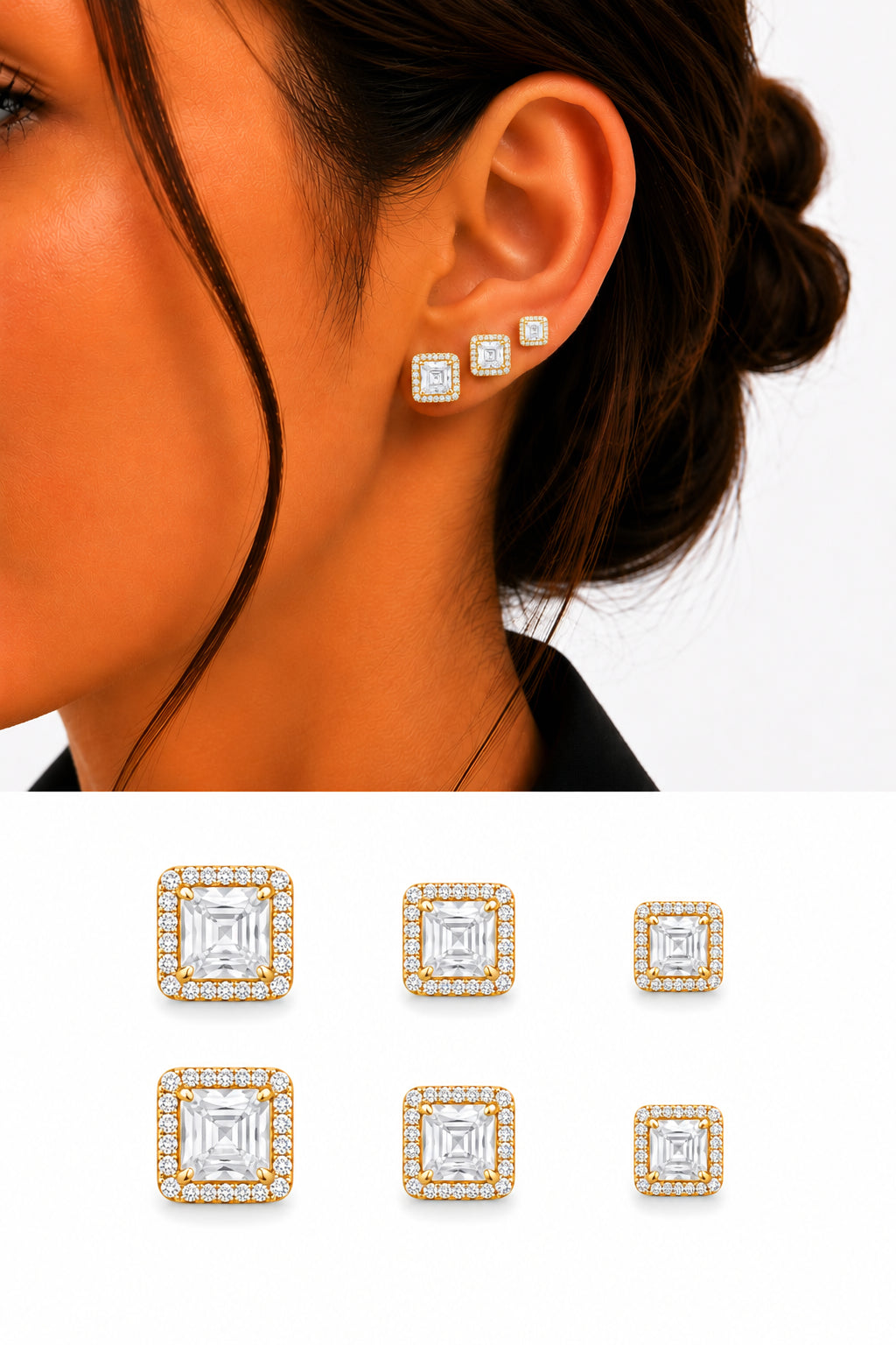 Gold Clear Square Cut Cz Halo Graduated Stud Earring Set Of 3 wholesale jewelry VIP 14K EARRINGS  Catwalk Jewellery Europe