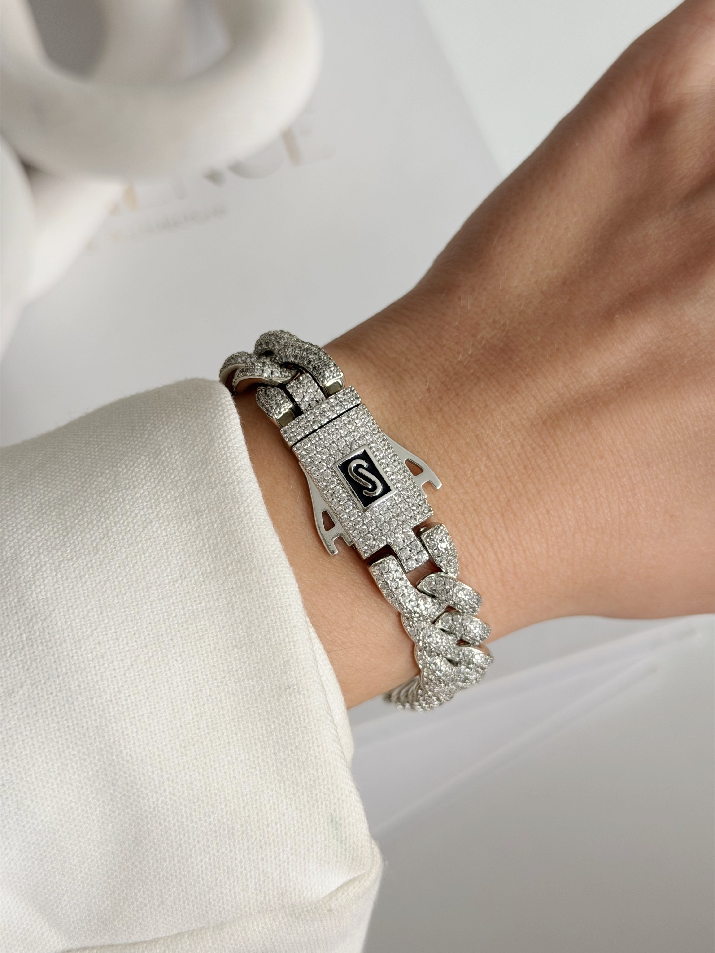 Silver Iced Out Cz Pave Chunky Curb Chain Bracelet With S Logo Clasp wholesale jewelry BRACELETS  Catwalk Jewellery Europe