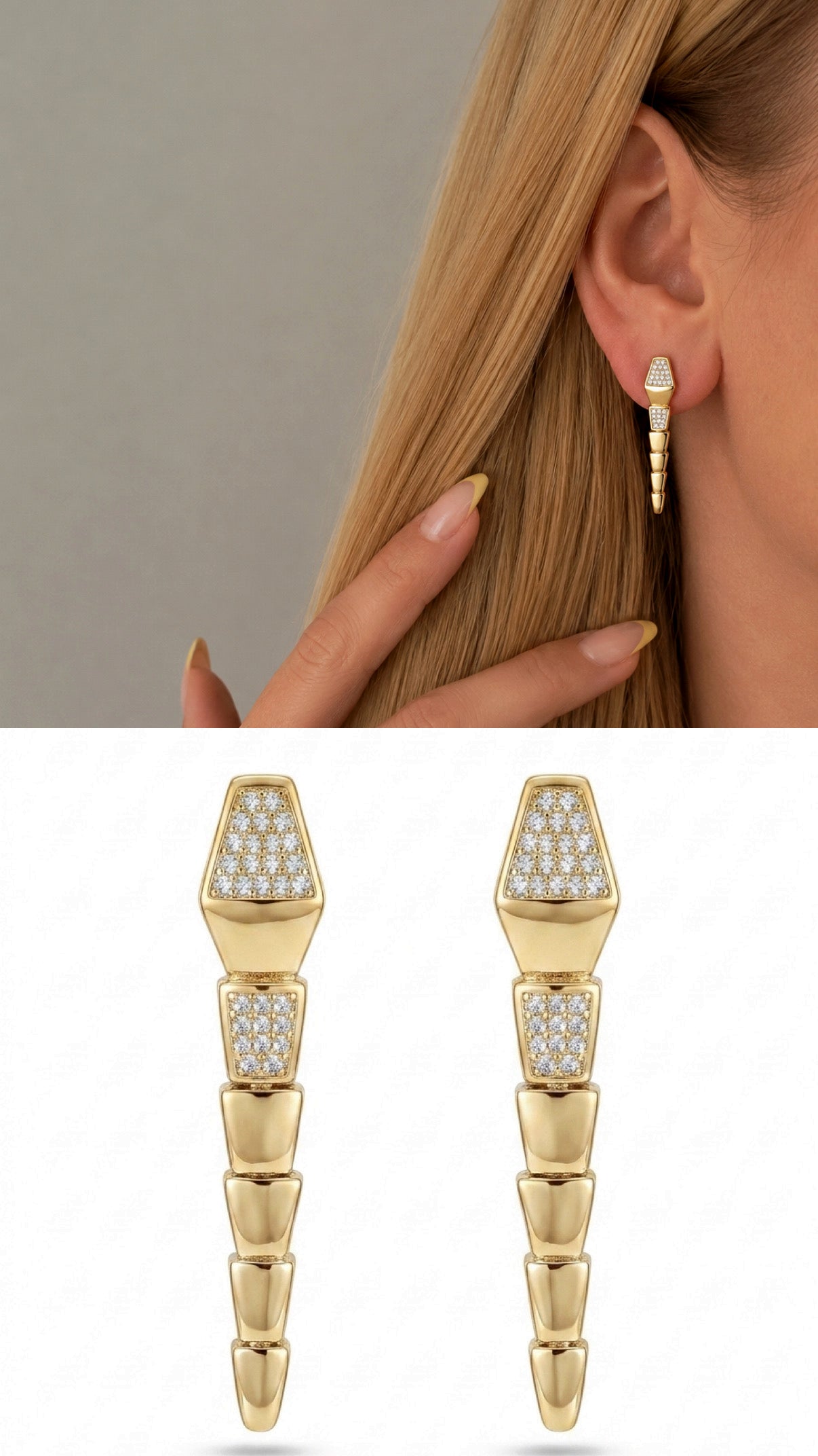 Gold Serpent Tail Geometric Cone Cz Pave Siren Chic Aesthetic Statement Earrings wholesale jewelry VIP 14K EARRINGS  Catwalk Jewellery Europe