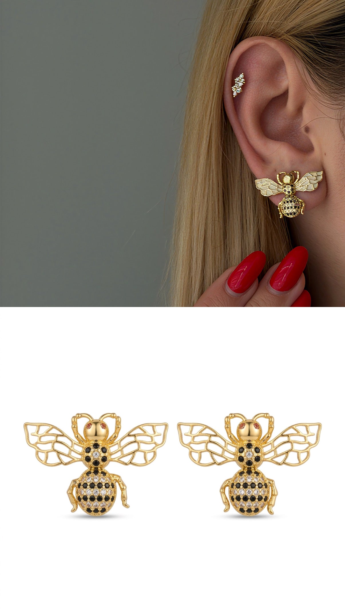 Gold Black Cz Pave Cutout Bee Stud Earrings wholesale jewelry VIP 14K EARRINGS  Catwalk Jewellery Europe
