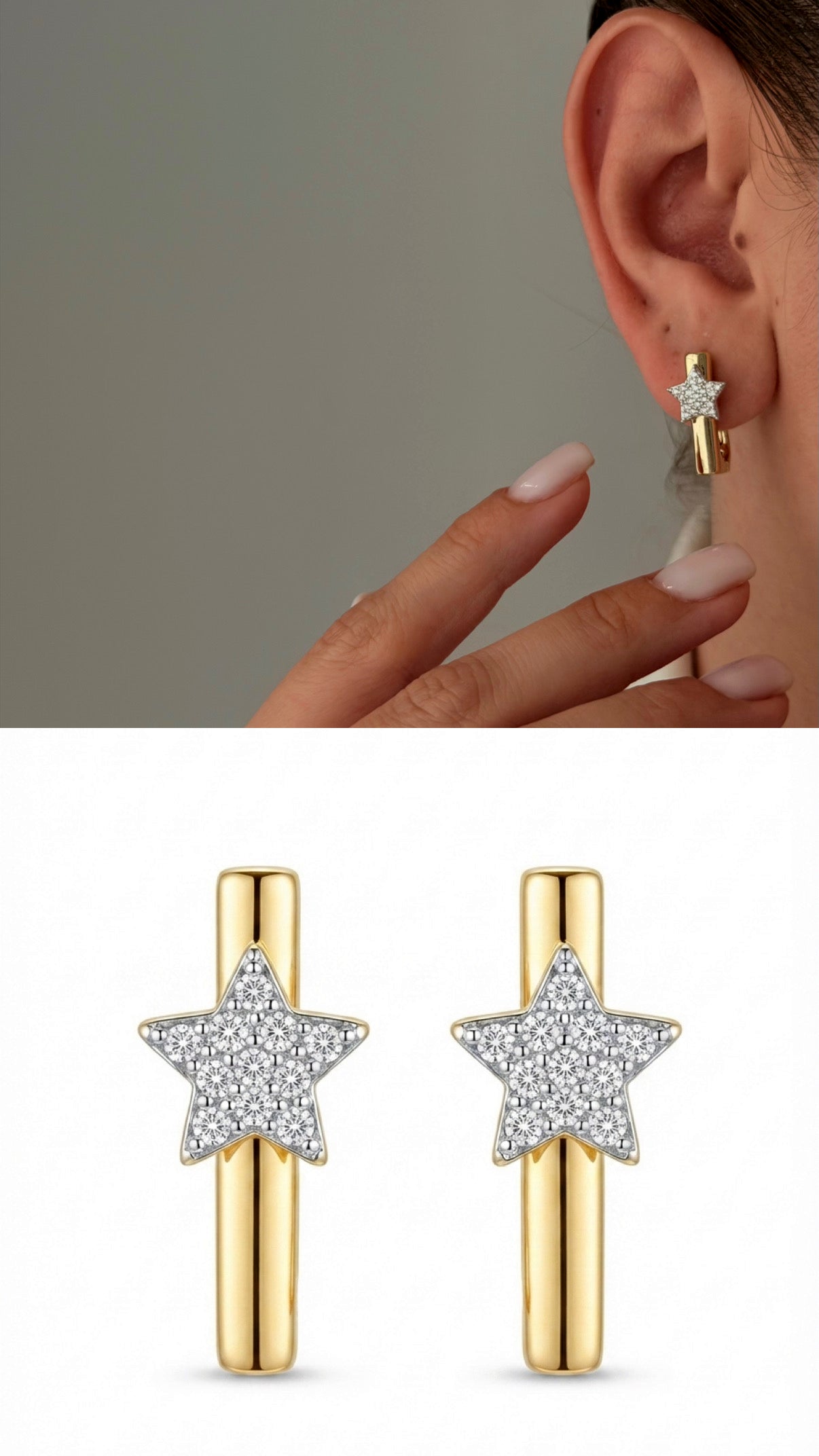 Gold Cz Pave Star Motif Smooth C Hoop Stud Earrings wholesale jewelry VIP 14K EARRINGS  Catwalk Jewellery Europe