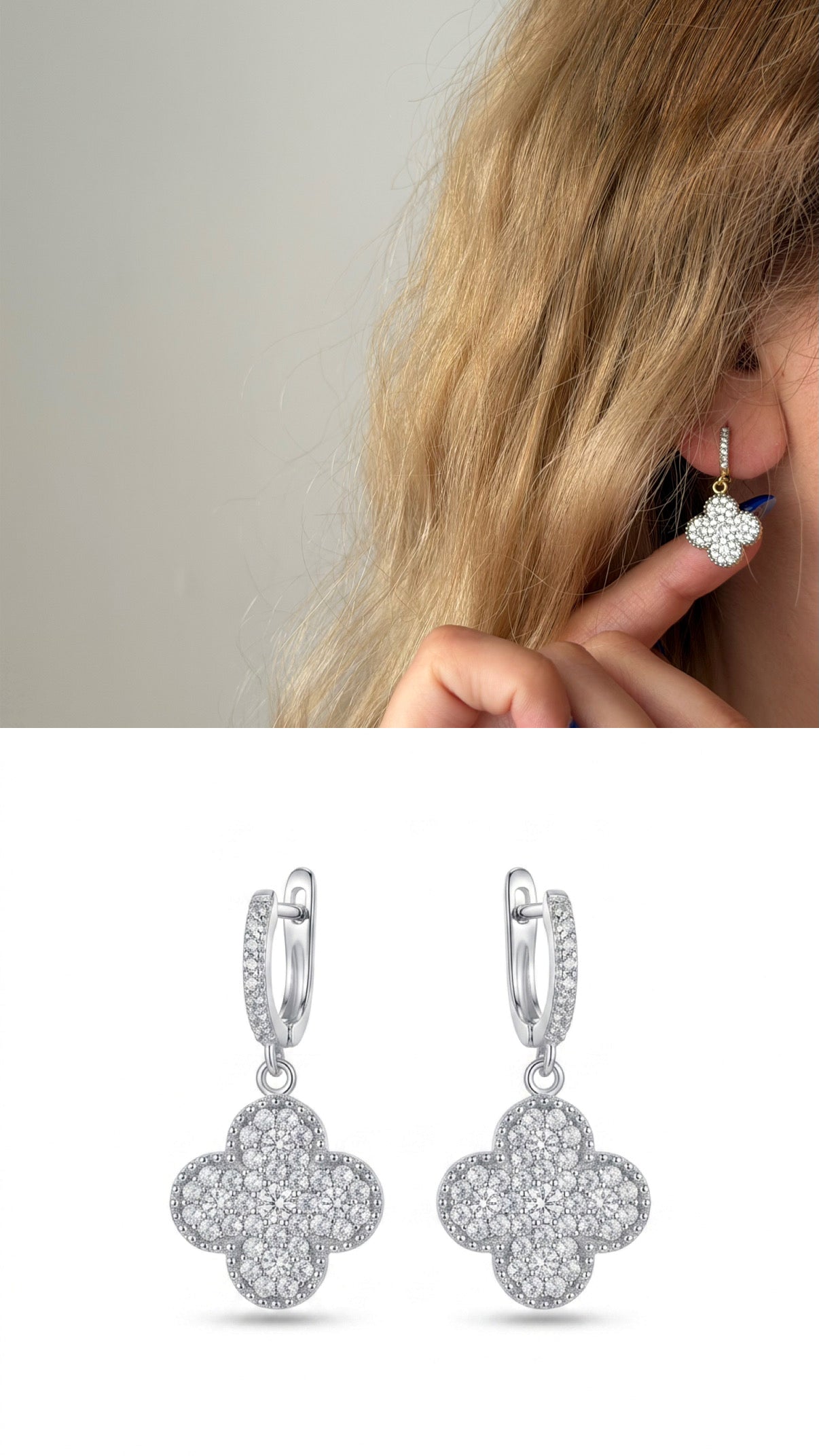 Silver Cz Pave Four Leaf Clover Dangle Huggie Hoop Earrings wholesale jewelry VIP 14K EARRINGS  Catwalk Jewellery Europe