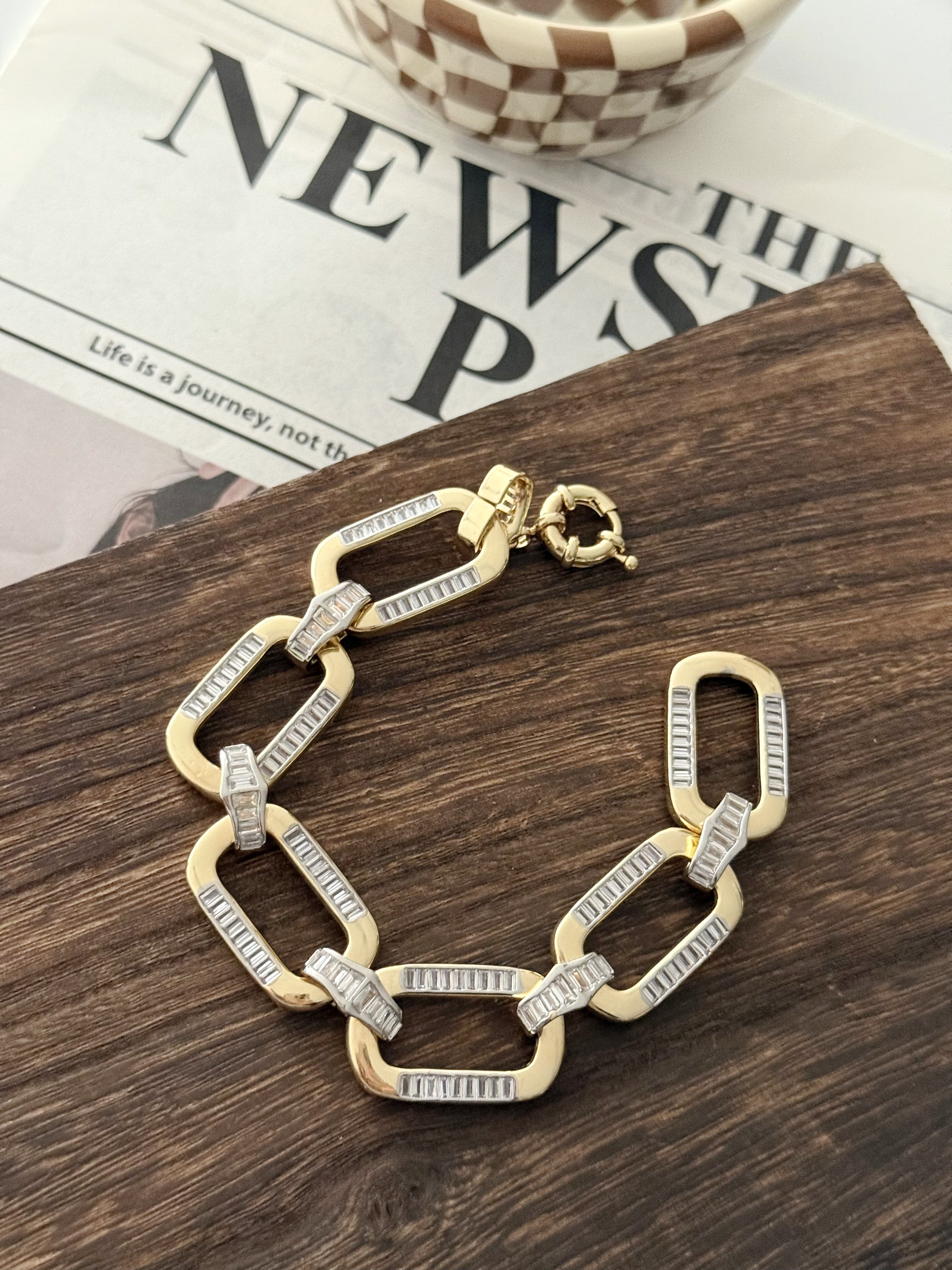 Gold Baguette Cz Accent Chunky Paperclip Link Bracelet wholesale jewelry BRACELETS  Catwalk Jewellery Europe