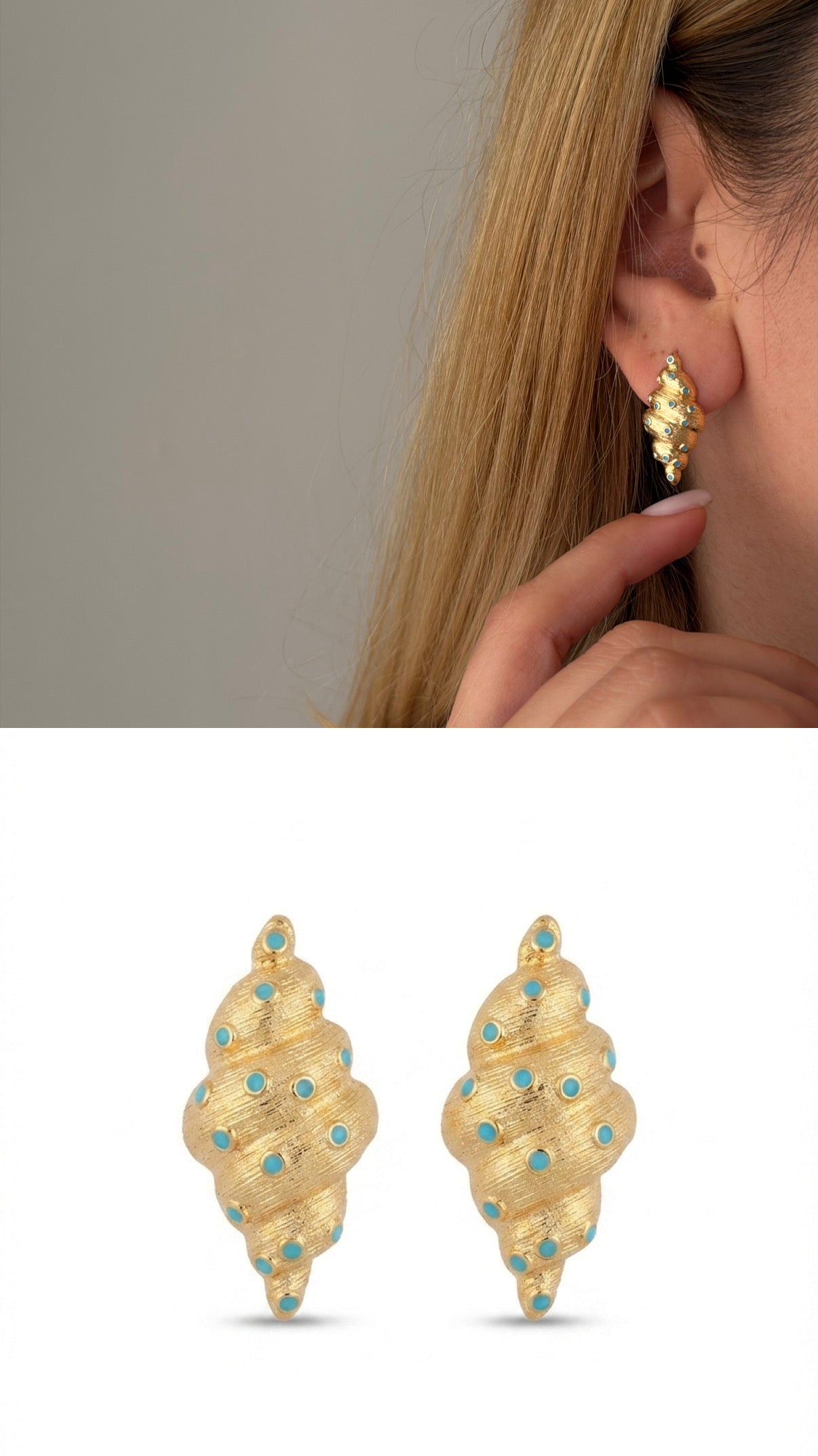 Gold Textured Conch Shell Turquoise Accent Stud Earrings wholesale jewelry VIP 14K EARRINGS  Catwalk Jewellery Europe