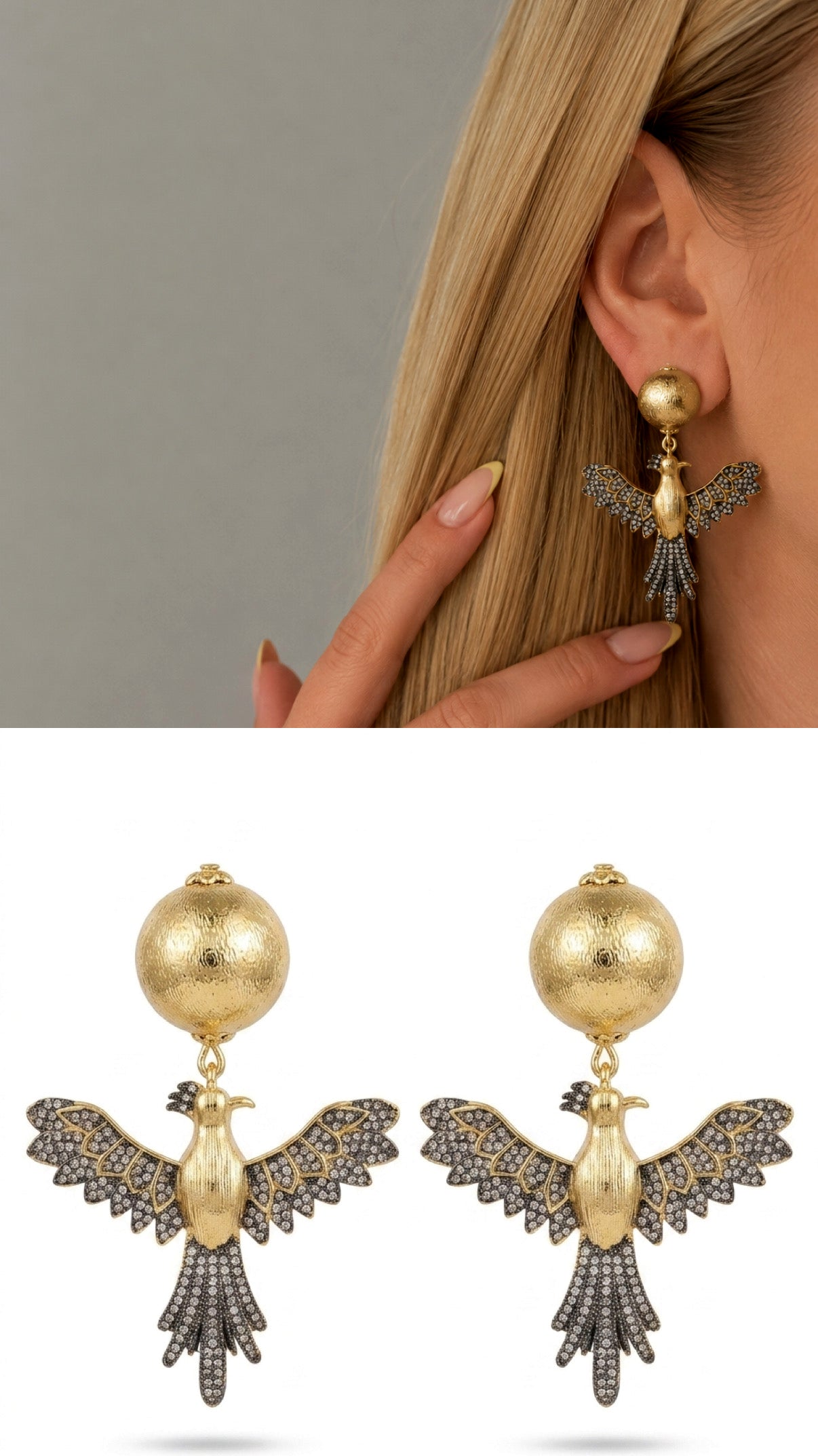 Gold Sculptural Phoenix Bird Motif Cz Pave Dangle Statement Earrings wholesale jewelry VIP 14K EARRINGS  Catwalk Jewellery Europe