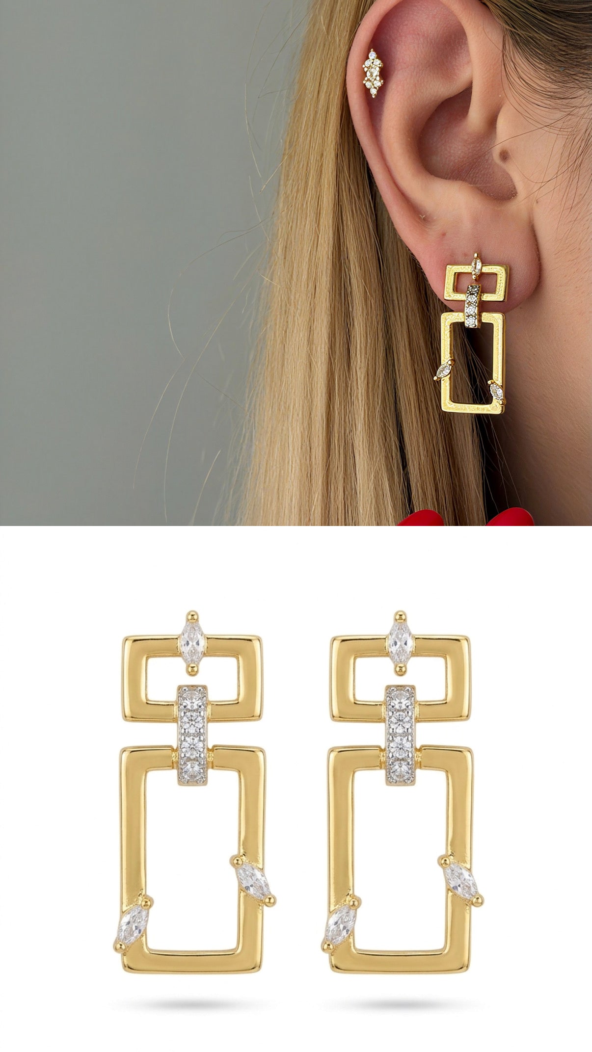 Gold Cz Pave Open Rectangle Link Drop Earrings wholesale jewelry VIP 14K EARRINGS  Catwalk Jewellery Europe