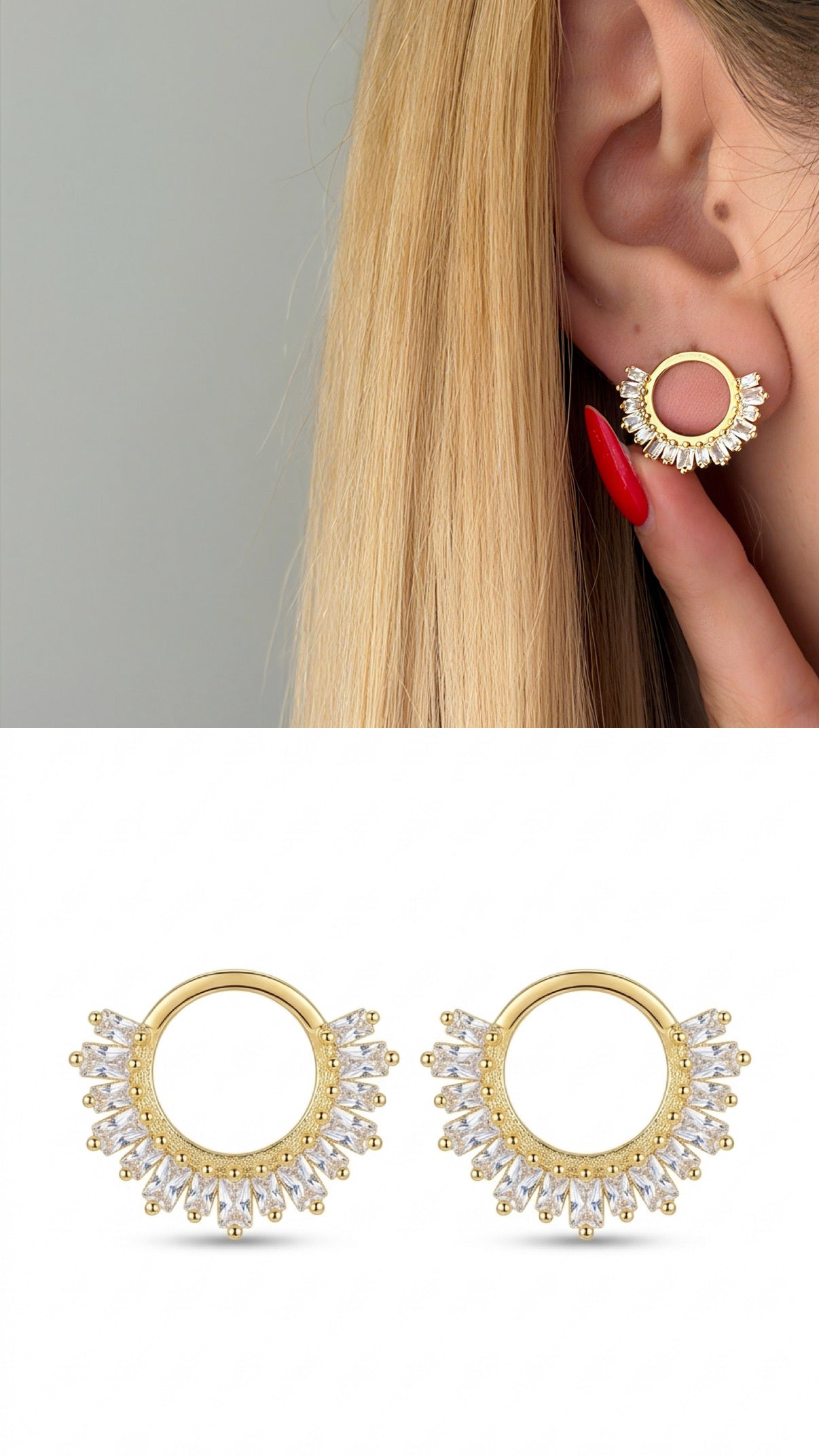 Gold Baguette Cz Fringe Semi Circle Stud Earrings wholesale jewelry VIP 14K EARRINGS  Catwalk Jewellery Europe