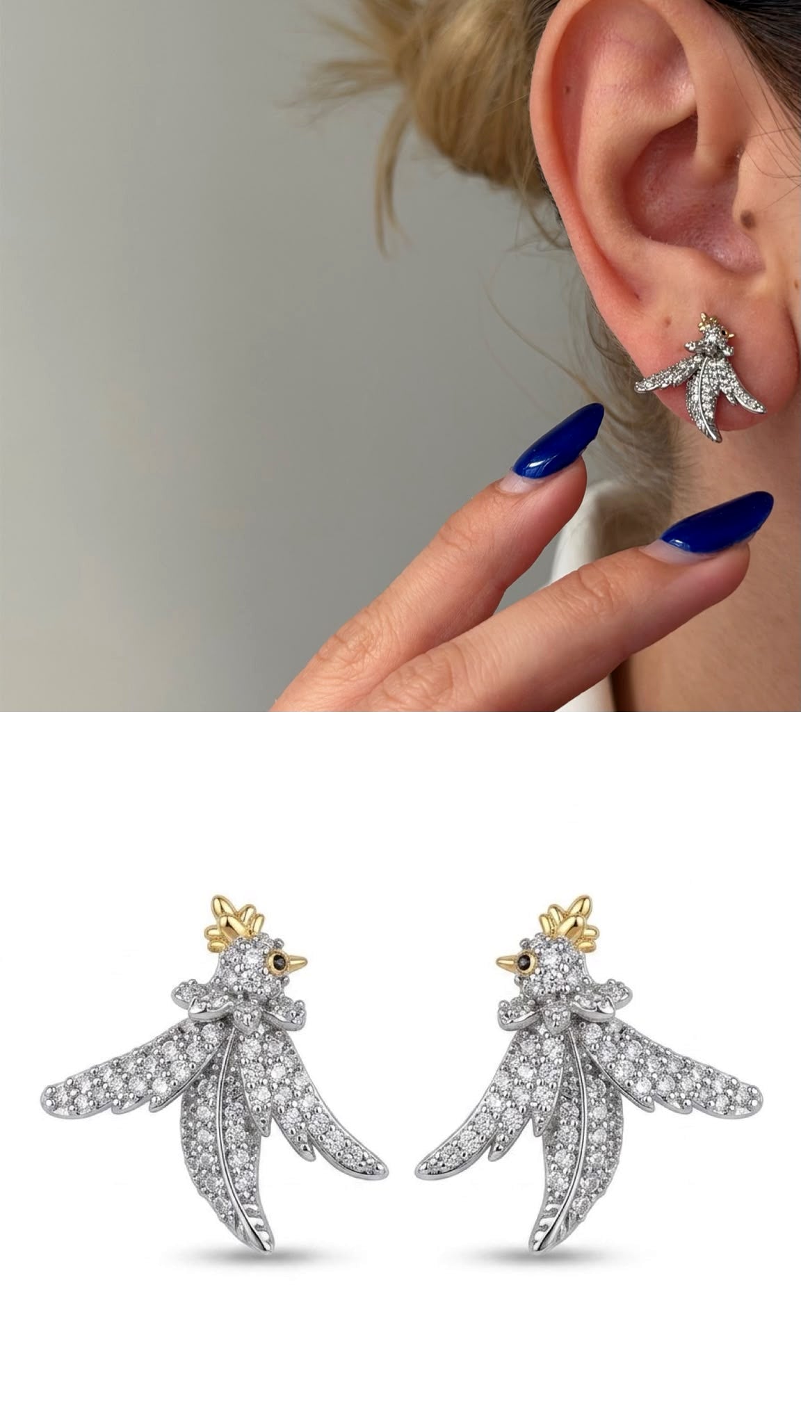 Two Tone Cz Pave Stylized Bird Phoenix Stud Earrings wholesale jewelry VIP 14K EARRINGS  Catwalk Jewellery Europe