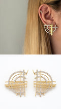 Gold Cz Pave Art Deco Geometric Grid Half Moon Statement Earrings wholesale jewelry VIP 14K EARRINGS  Catwalk Jewellery Europe