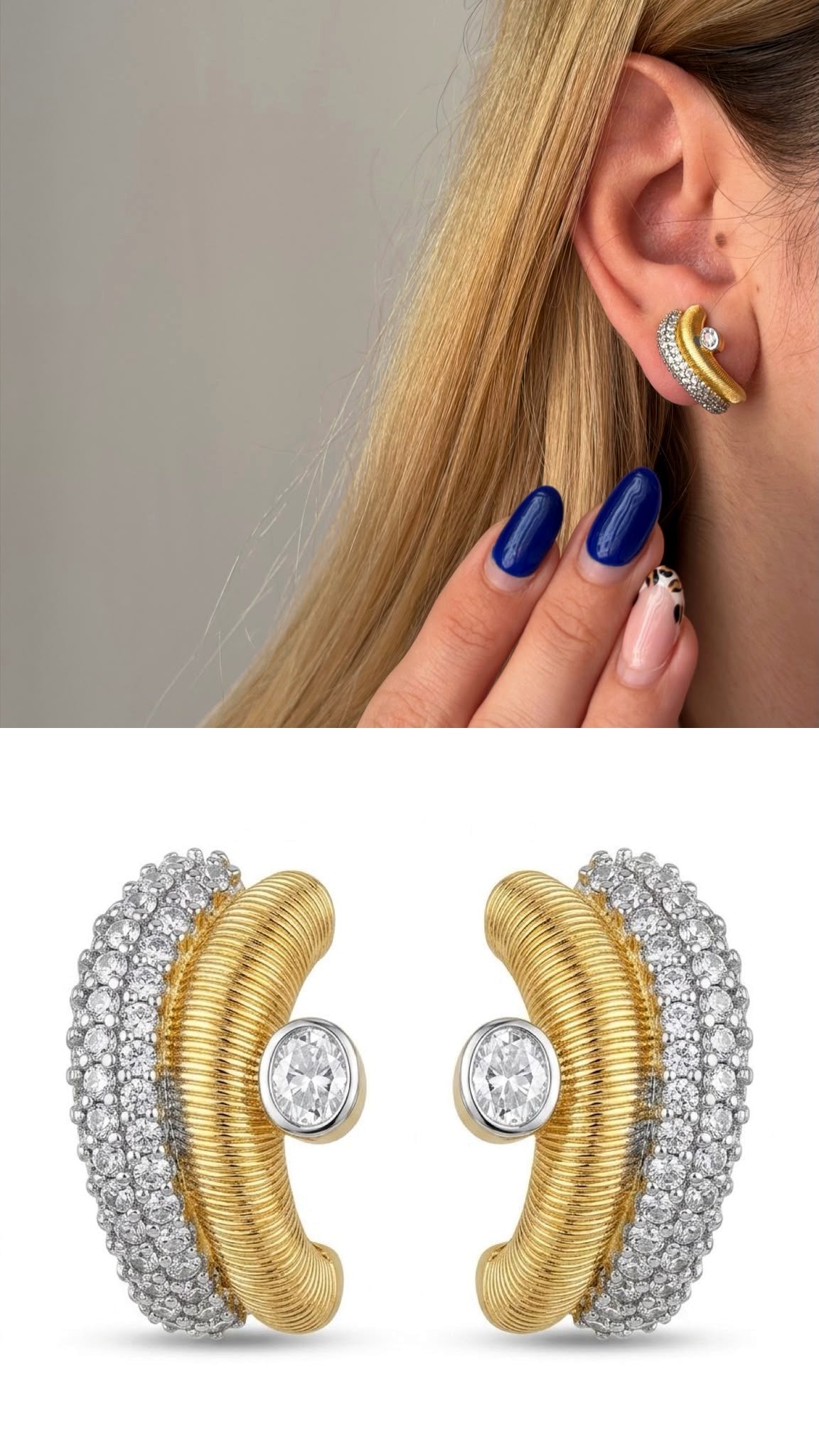 Two Tone Ribbed Texture Cz Pave Curved Half Moon Front To Back Statement Earrings wholesale jewelry VIP 14K EARRINGS  Catwalk Jewellery Europe